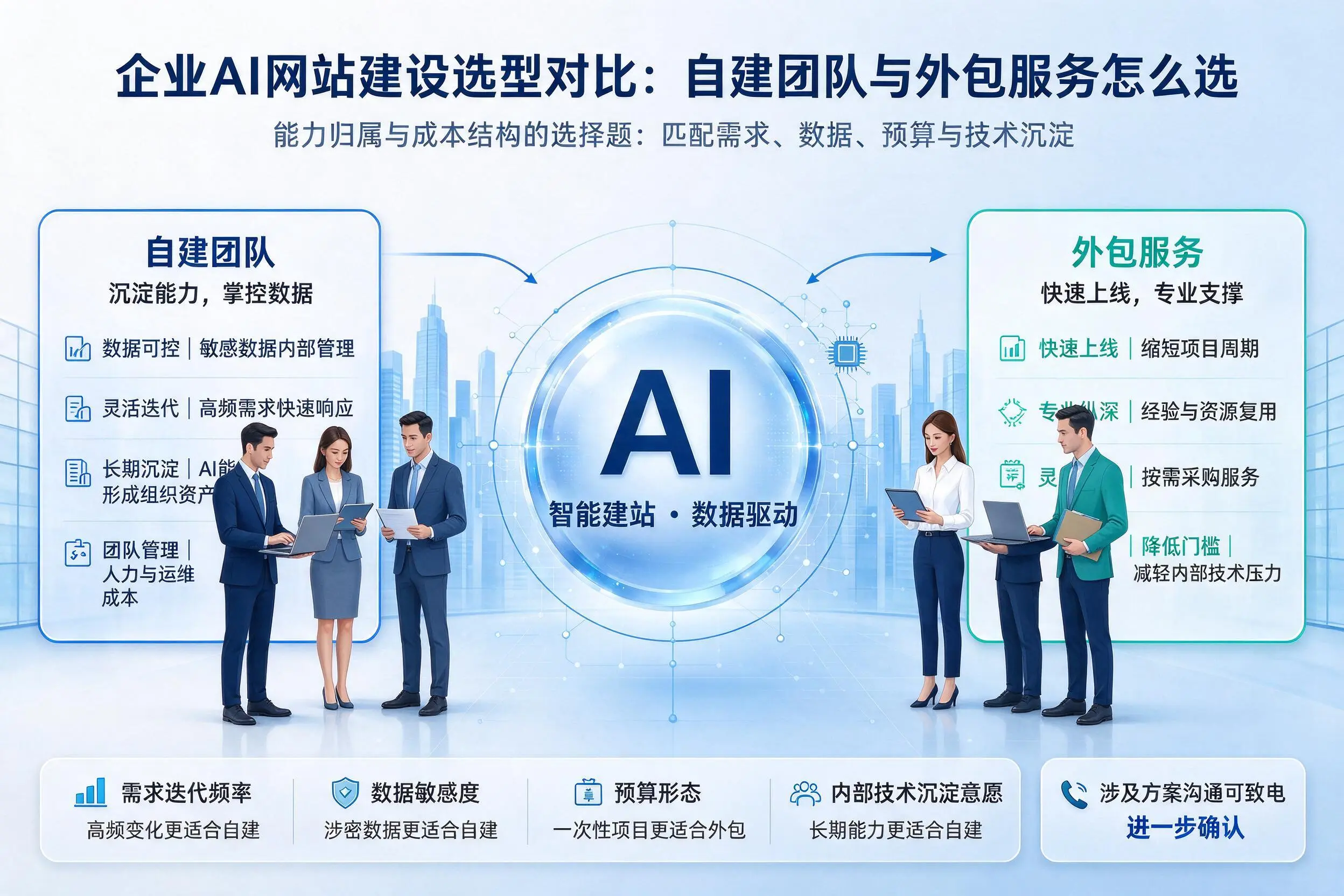 潮州企业AI网站建设选型对比：自建团队与外包服务怎么选